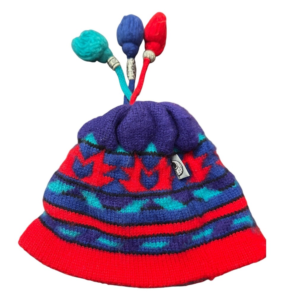 Igloos Wool Beanie Hat with Tassels Geometric Pattern Red Blue Teal Made in USA